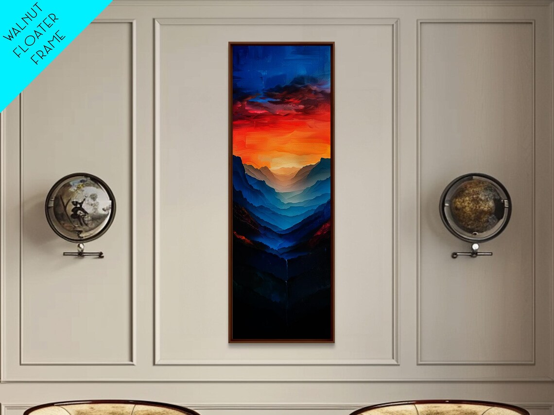 Sunset Over The Mountain Valley Framed Print Midcentury Modern Style Art Modern Decor Abstract Landscape Painting Tall Ar