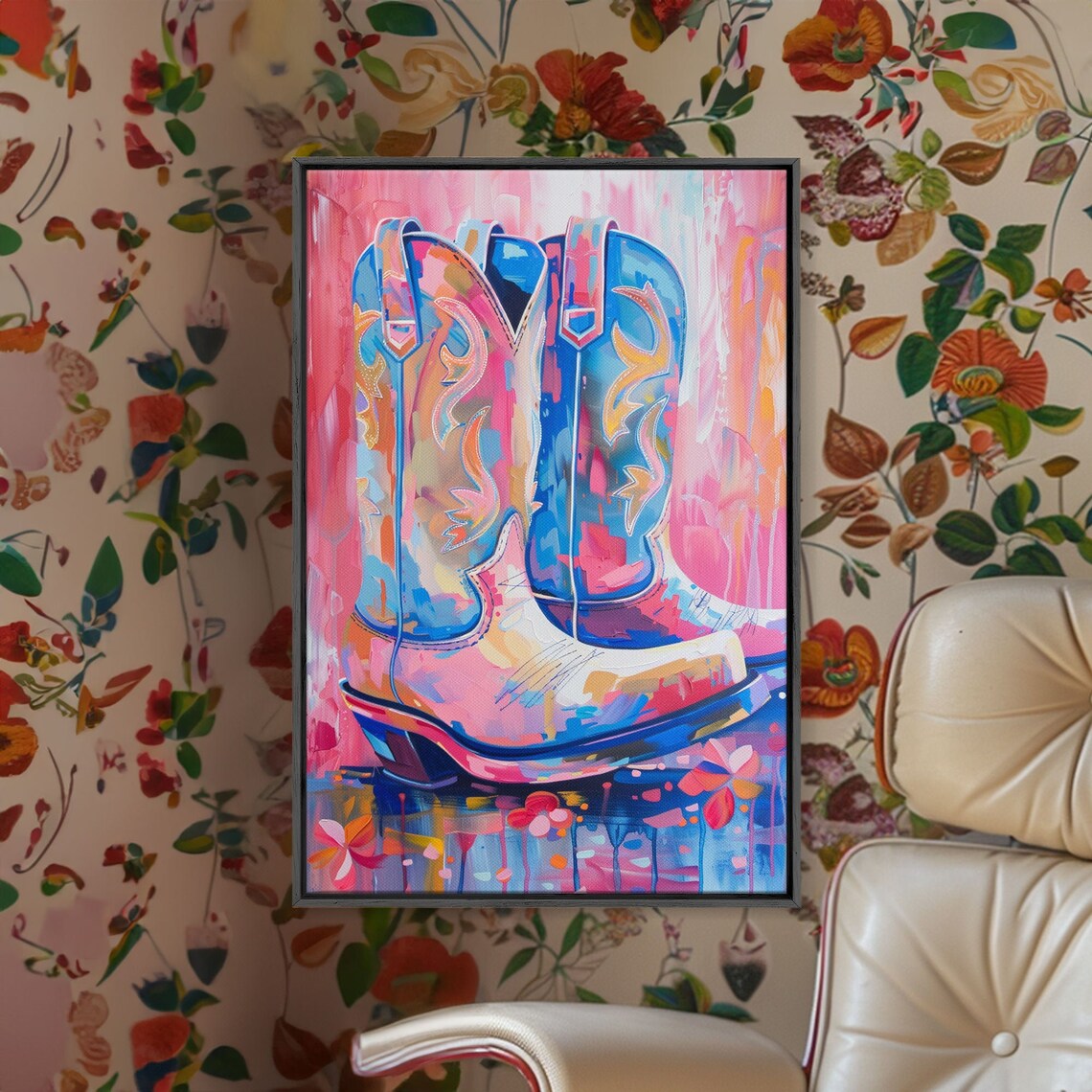 Colorful Cowboy Boots In Pink And Blue With Floral Details Art Poster - Image 4