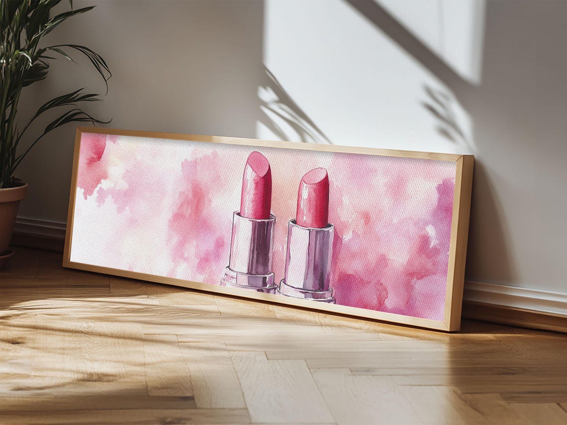 Pink Lipstick Pair Watercolor Makeup Glam Vanity Beauty Room Wall Art - Image 6