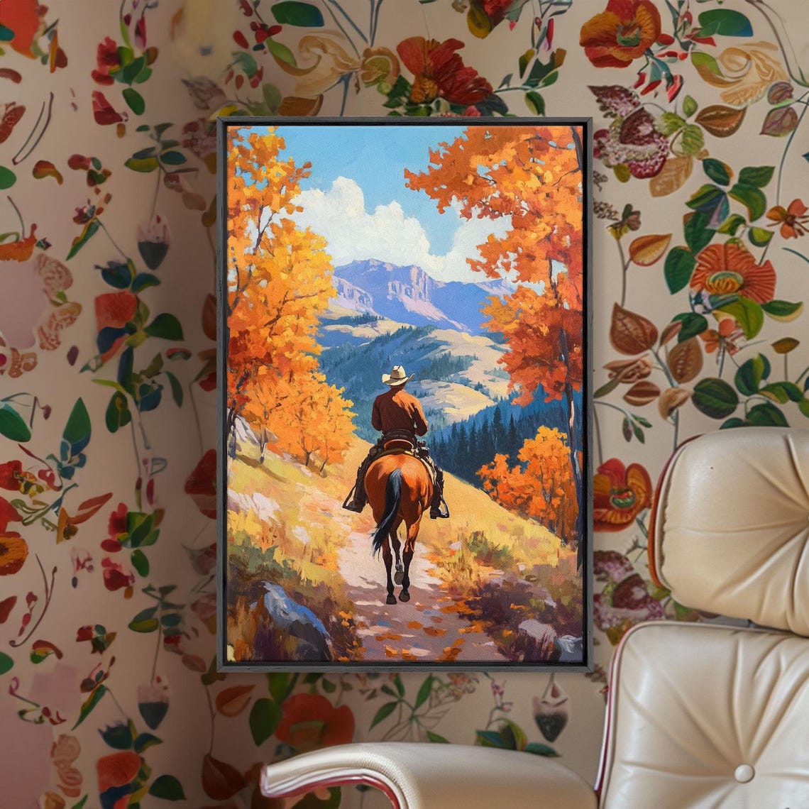 Cowboy Riding Through Autumn Trees Golden Fall Trail Mountain Poster - Image 5