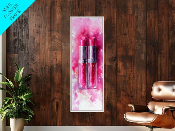 Pink Lipstick Duo Print Whimsical Minimalist Vertical Wall Art Light Pink Cosmetic Art Gift Idea Bedroom Skinny Artwork
