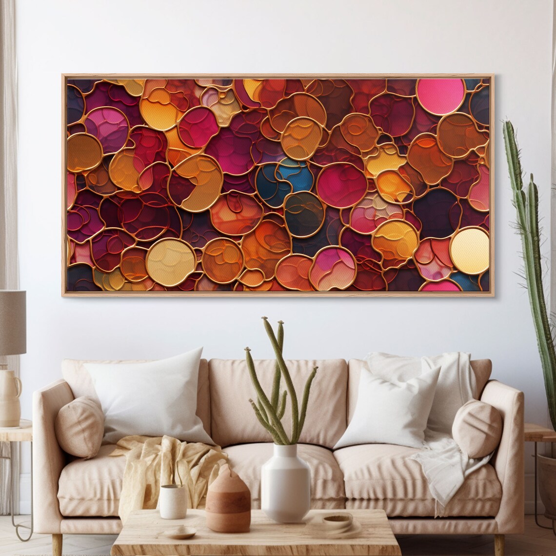 Warm Abstract Mosaic Glowing Circles Copper Outlines Red Gold Modern Wall Art Poster - Image 4