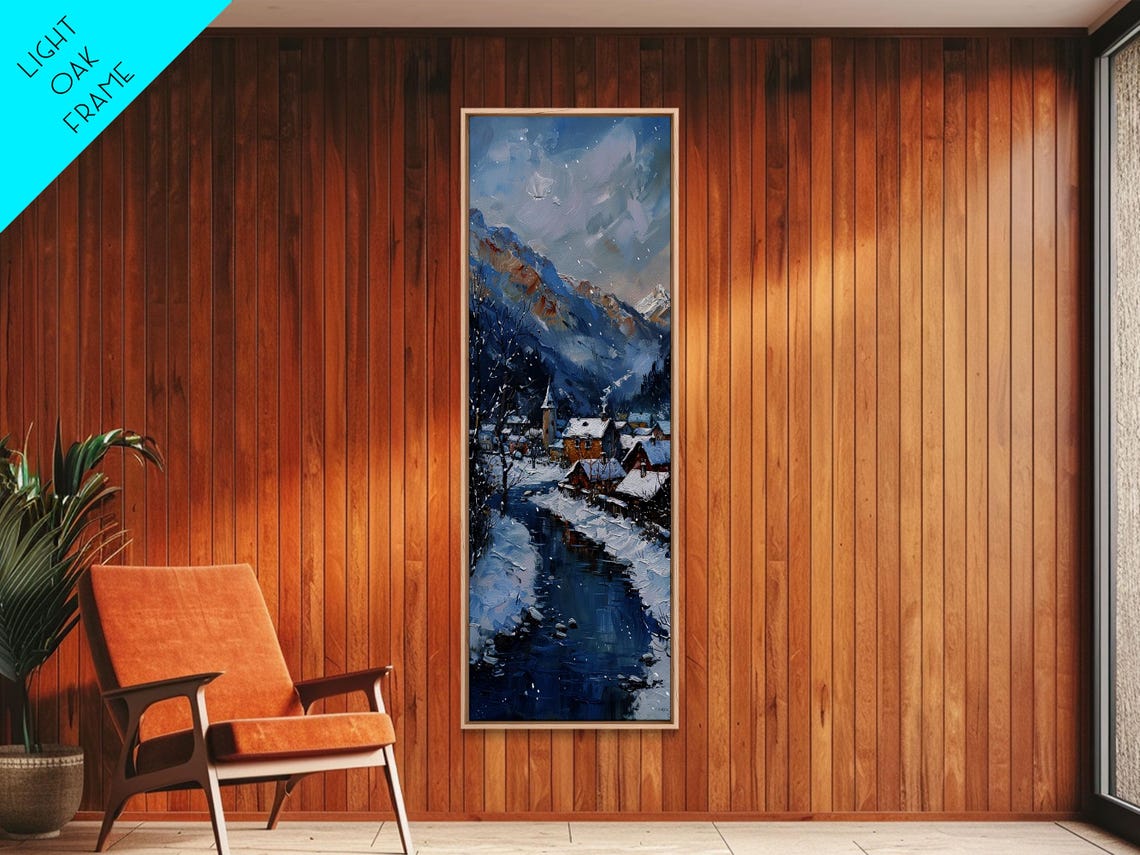 Snowy Winter Village By Frozen River Impasto Alpine Mountain Poster - Image 4