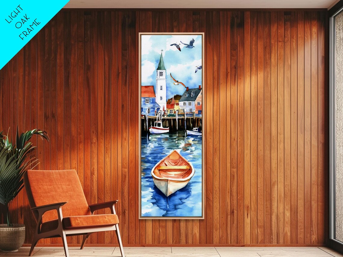 Tranquil Coastal Village Church Steeple Boats Seagulls Harbor Art Poster - Image 4