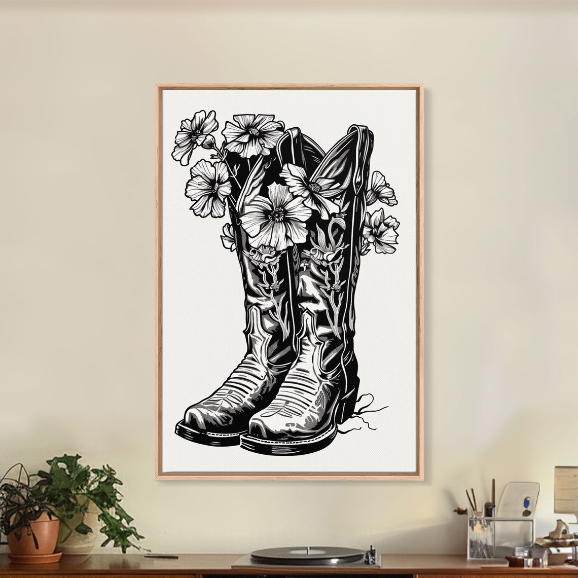Vintage Floral Cowboy Boots Black White Line Art Wall Poster - Image 2