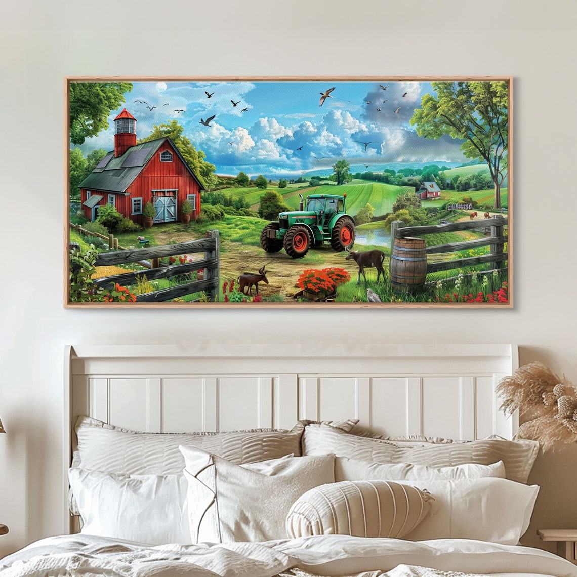 Red Barn Green Tractor Goats Pond Country Farm Summer Art Poster - Image 4