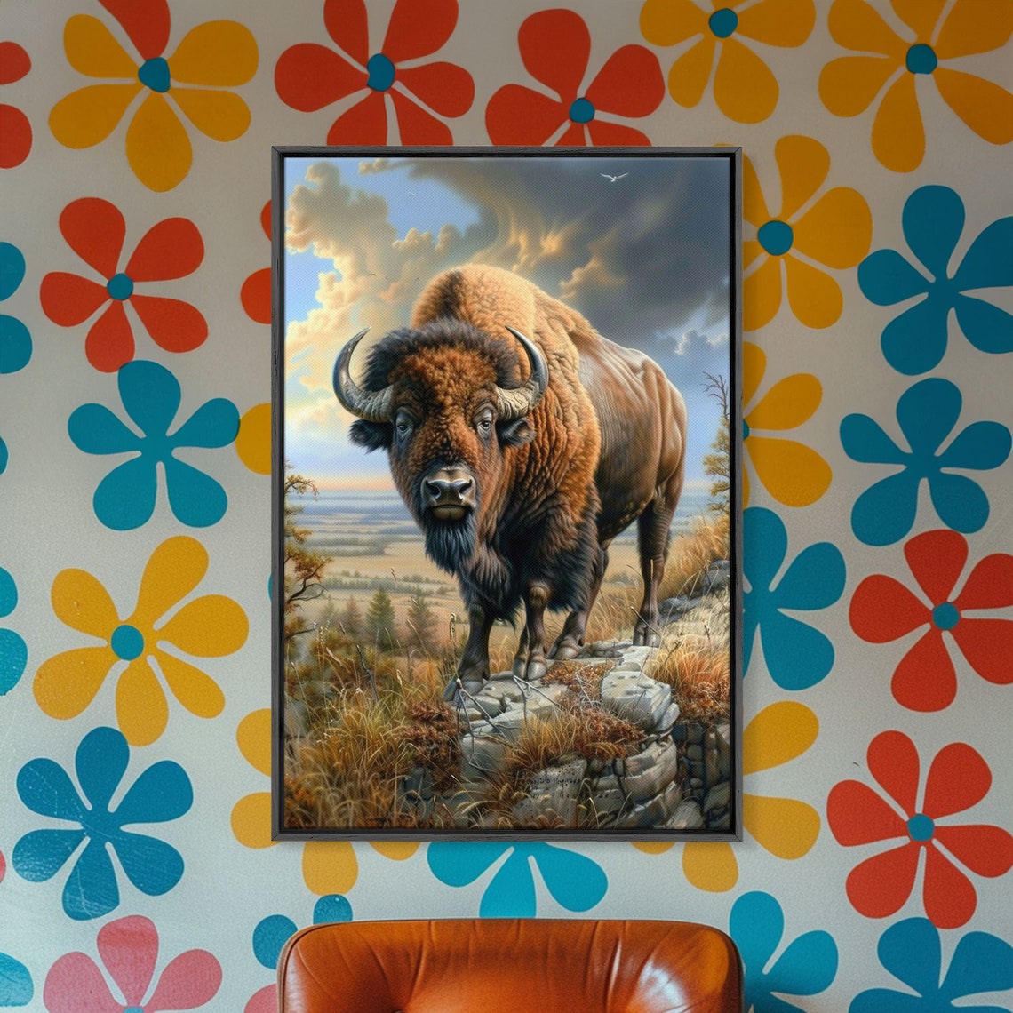 Majestic Bison On Rocky Hilltop Under Dramatic Sky Wildlife Poster - Image 3