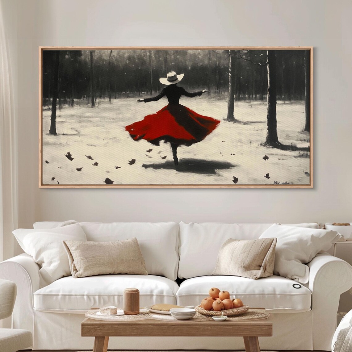 Dancing Cowgirl In Red Dress In Snowy Monochrome Forest Art Poster - Image 5
