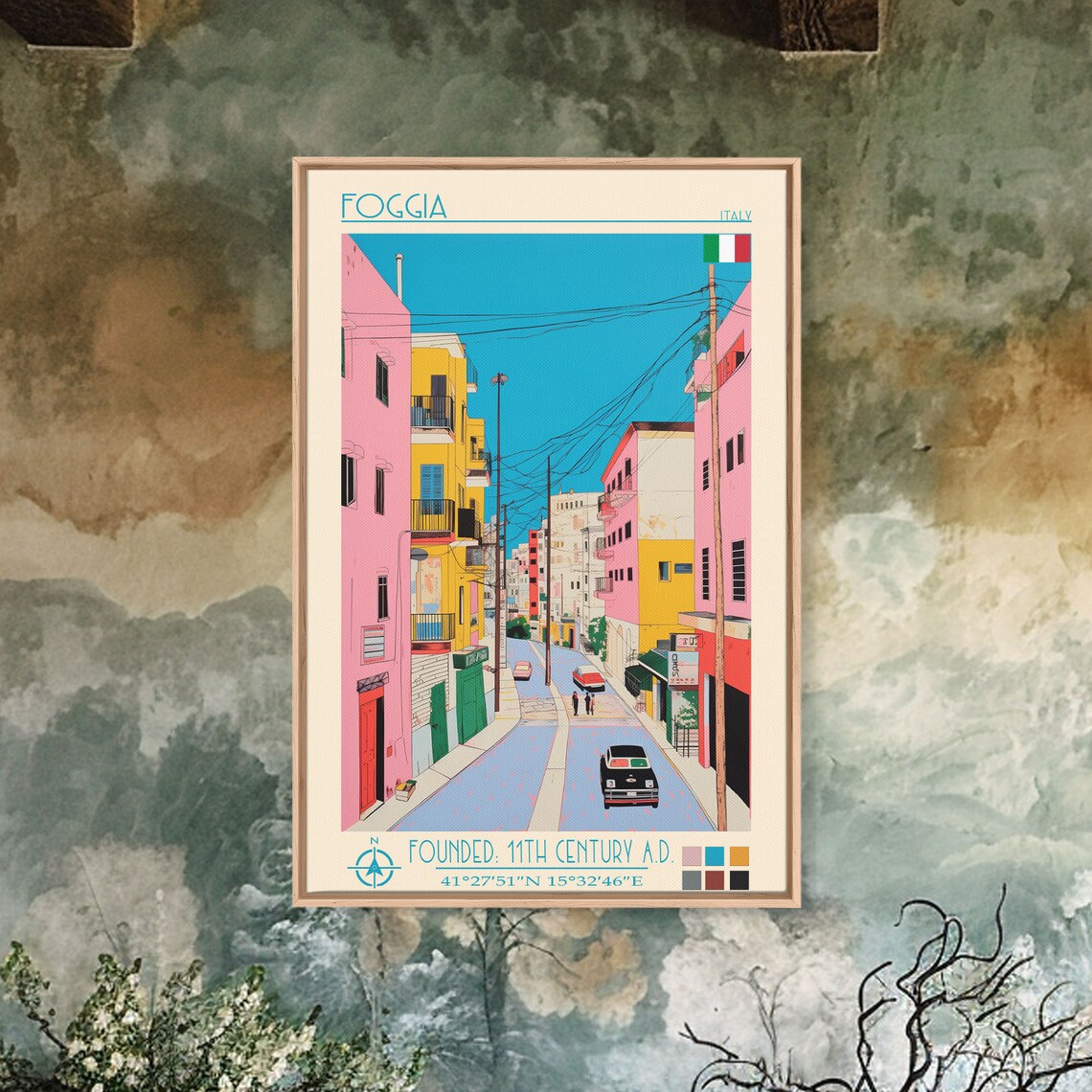 Foggia Italy Colorful Street Pink Yellow Buildings Cars View Poster