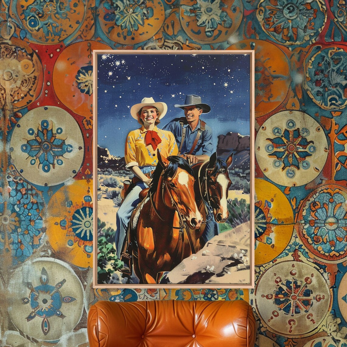 Vintage Western Couple Riding Horses Under Starry Sky Art Poster - Image 2
