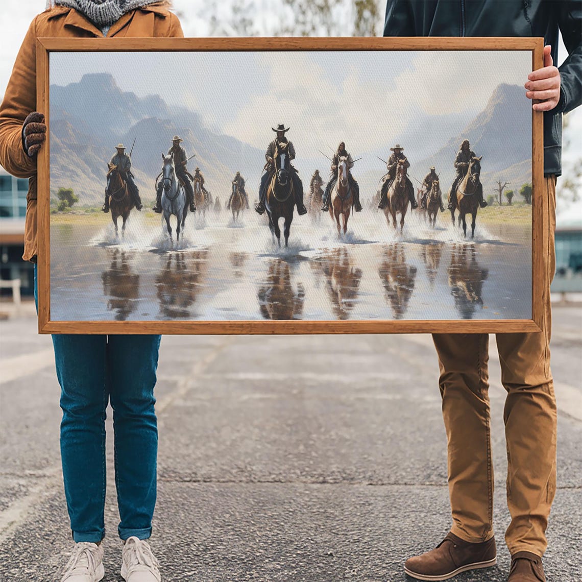 Cowboys On Horseback River Crossing Mountain Western Art Poster - Image 3