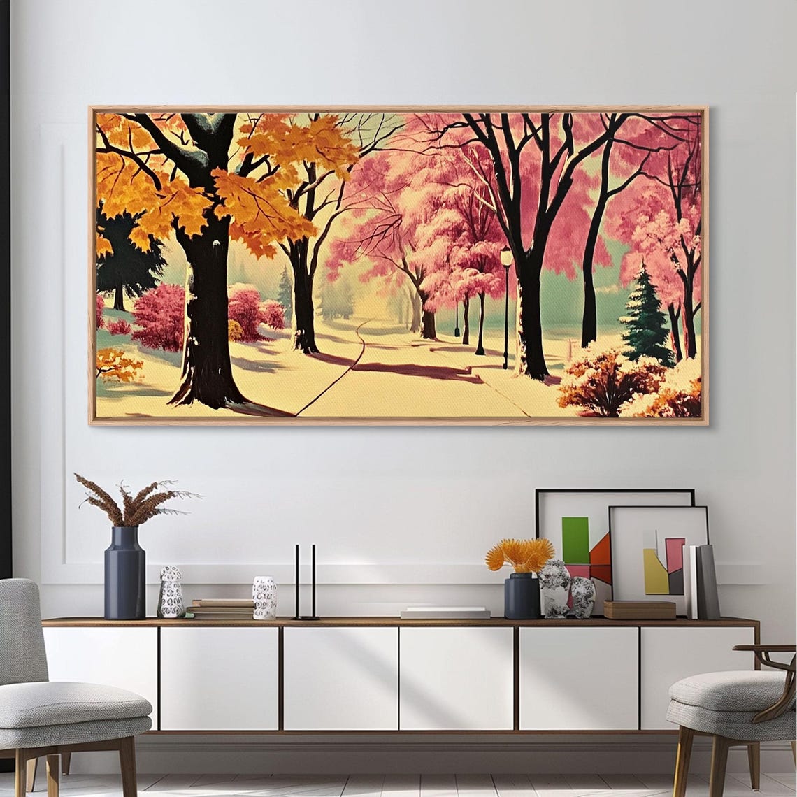Colorful Autumn Park Path With Pink And Gold Trees Lined Walk Poster