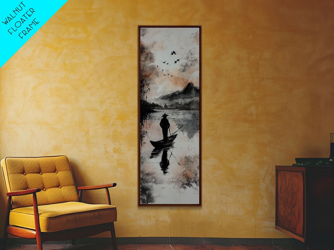 Misty Lake Fisherman in Boat Ink Wash Mountains Birds Wall Art - Image 3