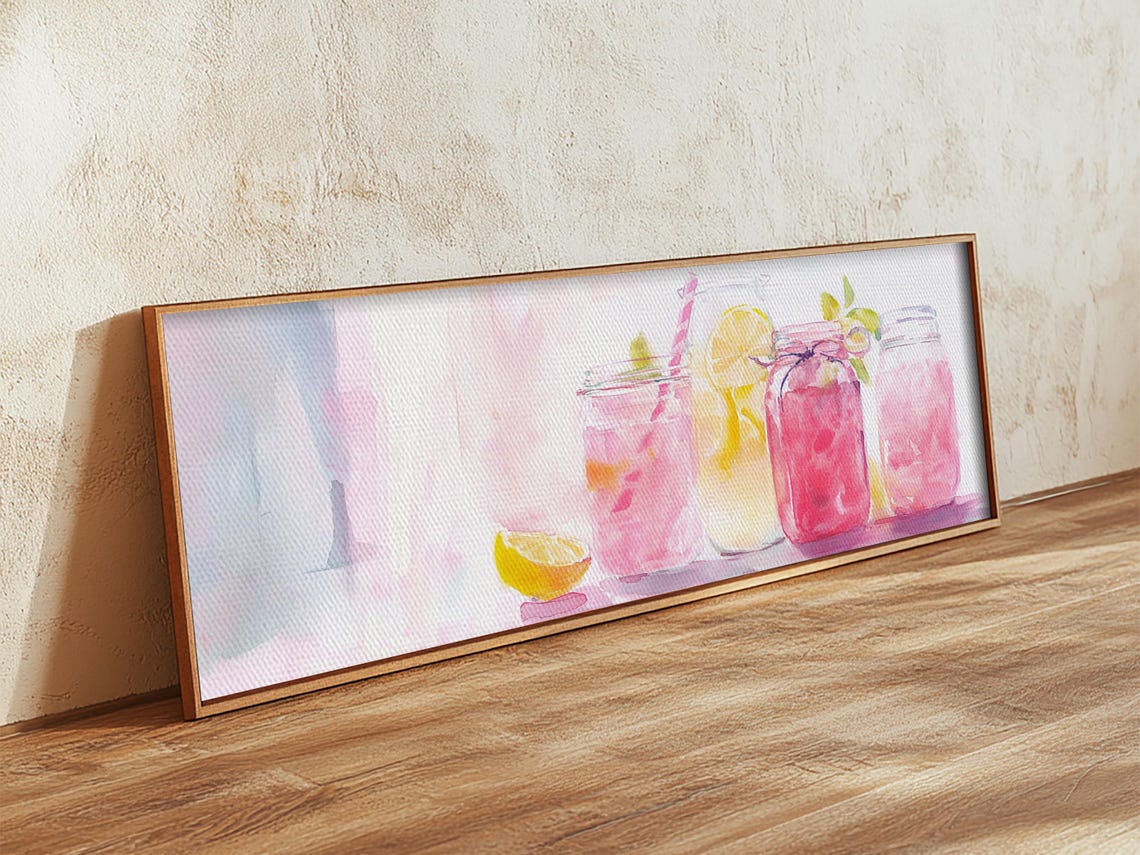 Pink Lemonade Mason Jars Citrus Watercolor Summer Kitchen Wall Art - Image 6