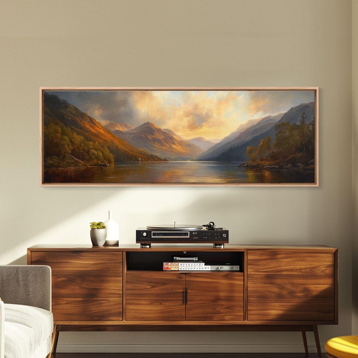 Sunrise Over The Lake Framed Print Boho Style Panoramic Painting Minimalist Wall Art Rustic Farmhouse Home Decor - Image 6