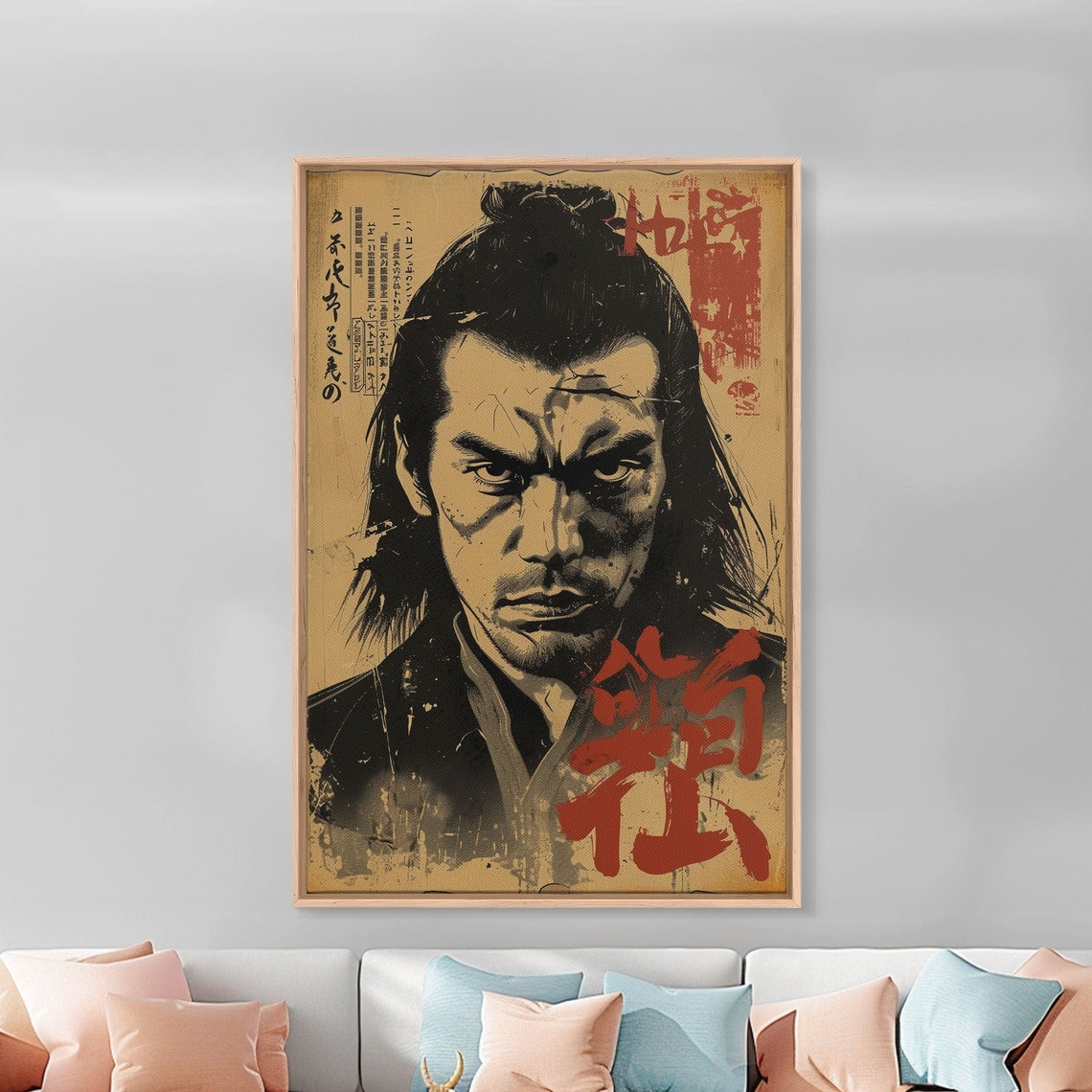 Vintage Japanese Manga Samurai Portrait Poster with Red Kanji Text - Image 5