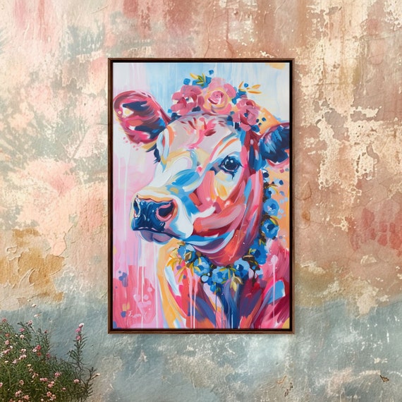 Floral Crowned Cow Portrait Whimsical Farmhouse Wall Art Vibrant Animal Painting Bedroom Decor Cute Cow Print