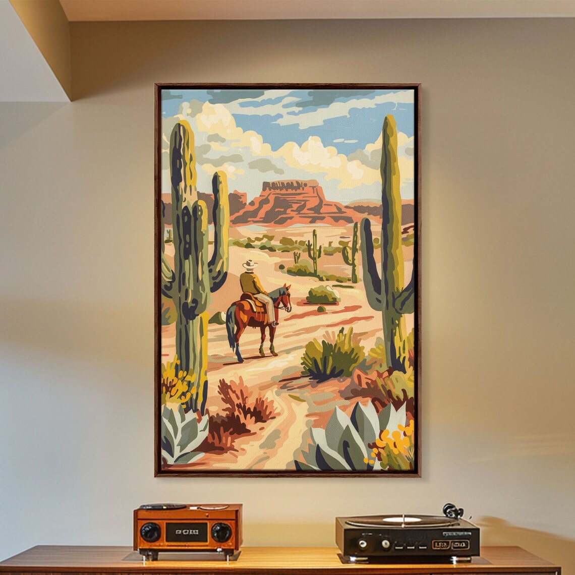 Cowboy Riding Desert Trail With Saguaro Cacti Retro Western Poster - Image 2