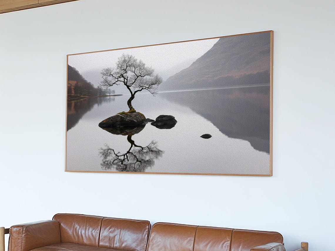 Lone Tree Rock Island Mirror Lake Misty Mountain Reflection Poster - Image 2