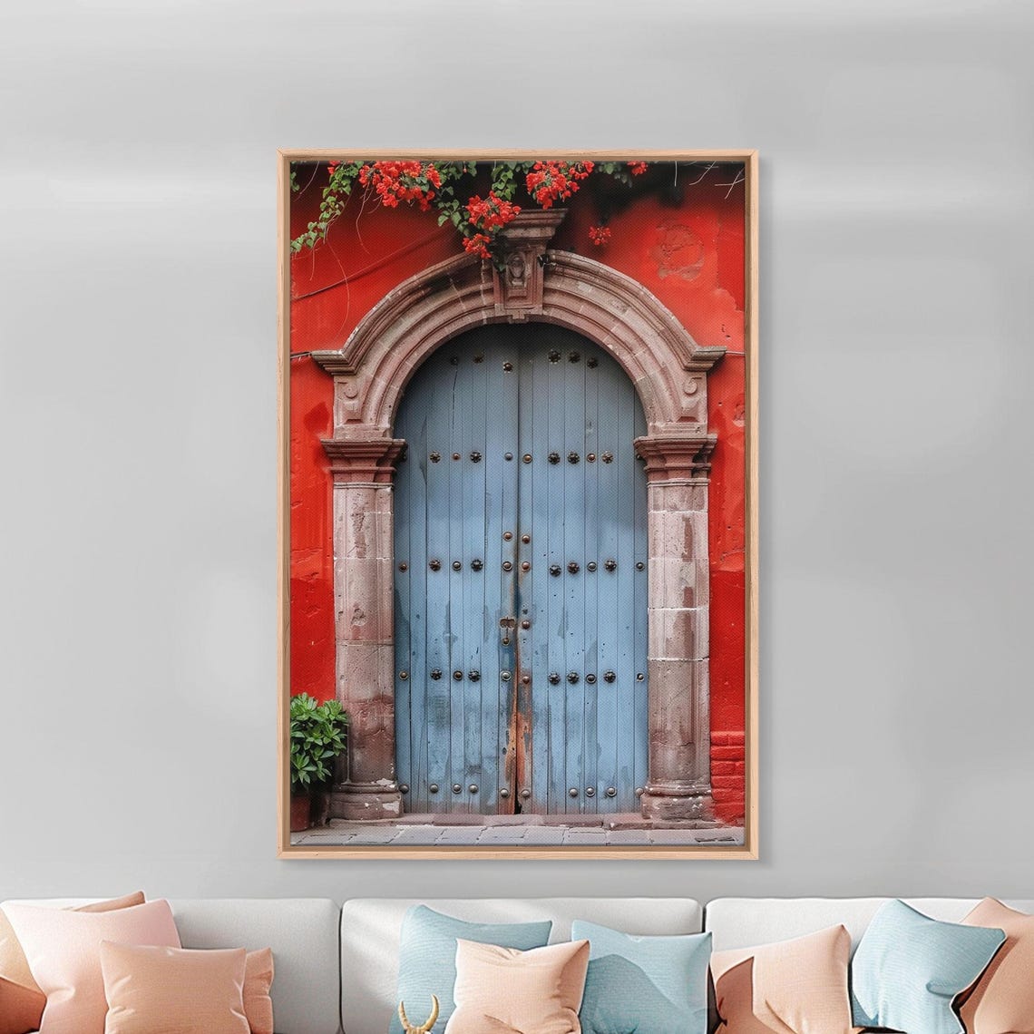 Blue Gray Wooden Double Door Stone Arch Red Bougainvillea Art Poster - Image 5