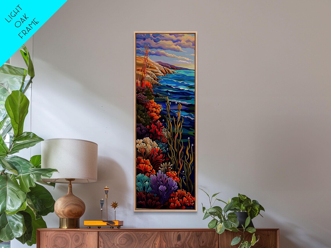 Colorful Coral Reef Ocean Cliffs Sunset Seascape Vertical Travel Poster - Image 2