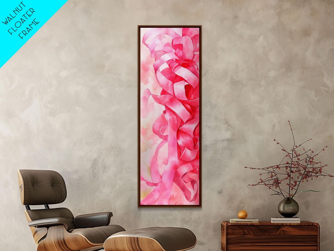 Pink Ribbon Swirls Abstract Watercolor Feminine Vertical Wall Art - Image 5