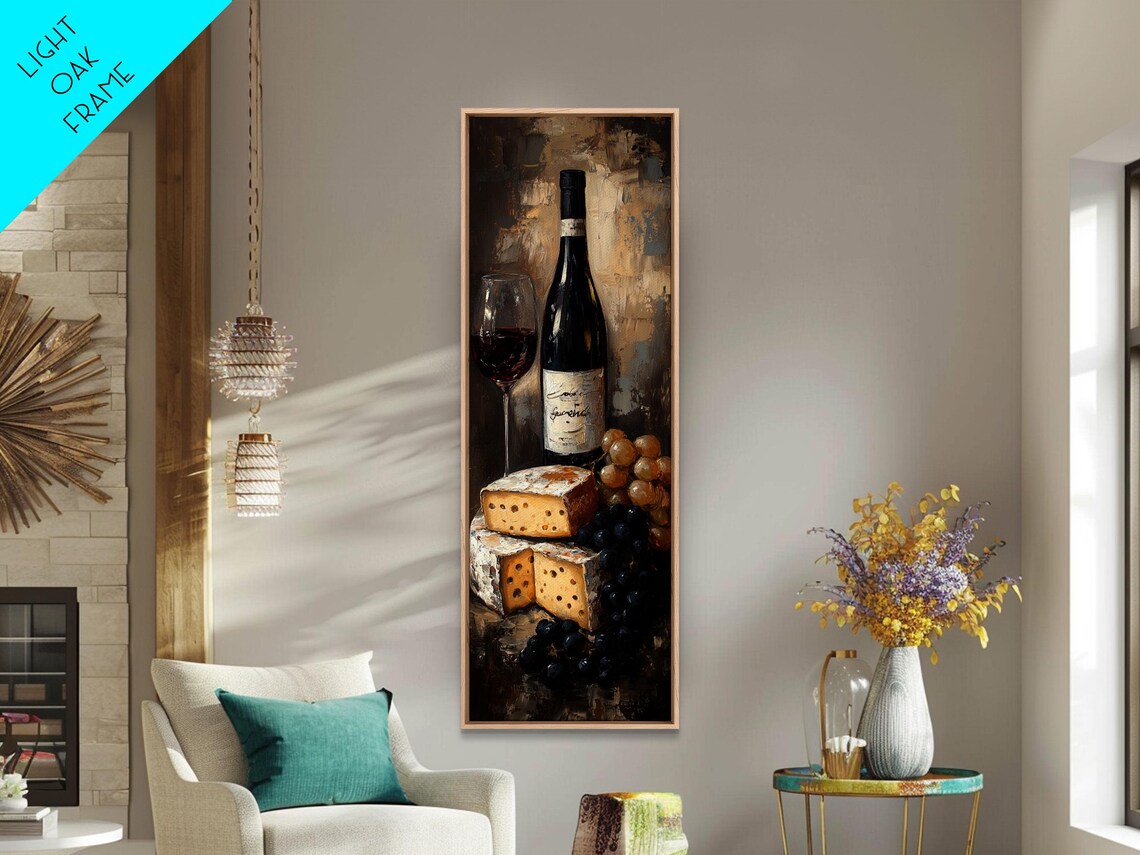 Red Wine Bottle Glass Cheese Grapes Moody Oil Painting Wall Art - Image 6