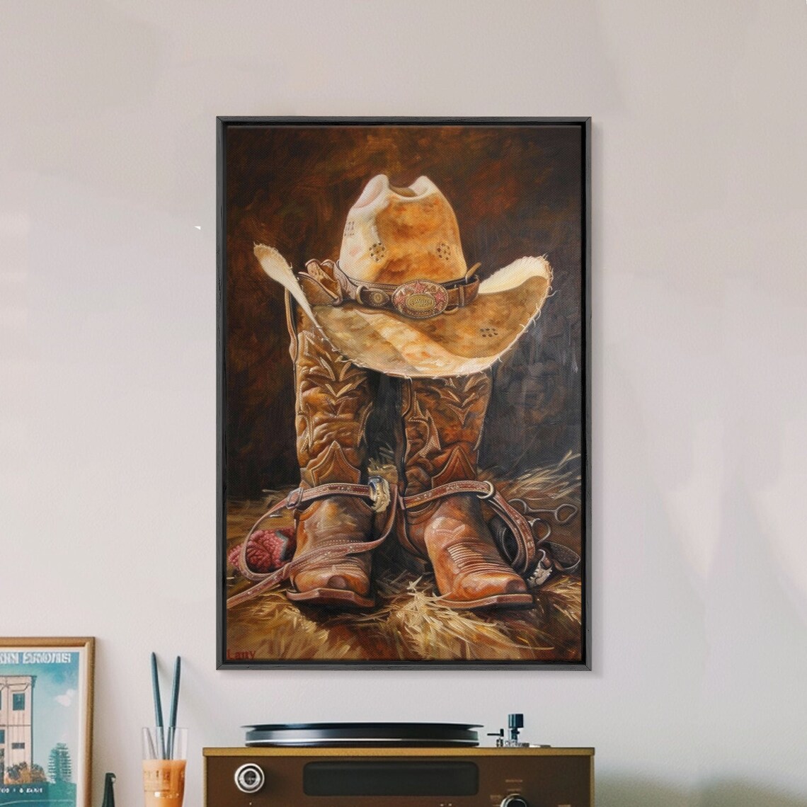Western Cowboy Boot and Hat Rustic Living Room Art Print - Image 2
