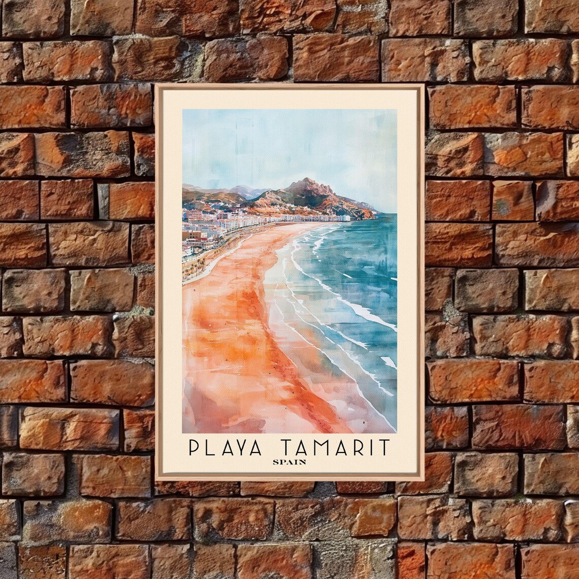 Playa Tamarit Spain Pink Sand Beach Teal Surf Watercolor Travel Poster - Image 4