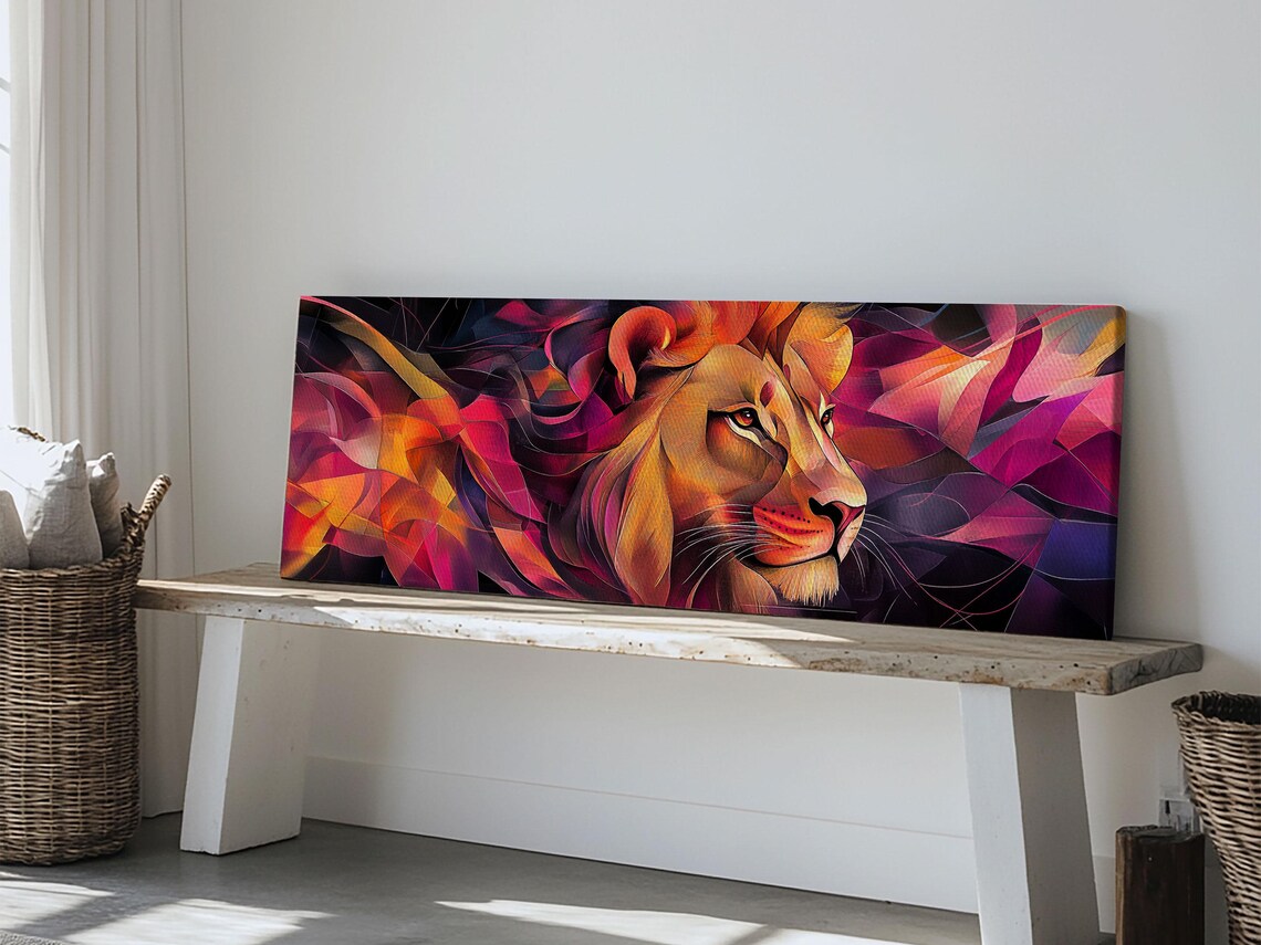 Radiant Lion Profile Magenta Orange Abstract Geometric Panoramic Art Poster - Image 5