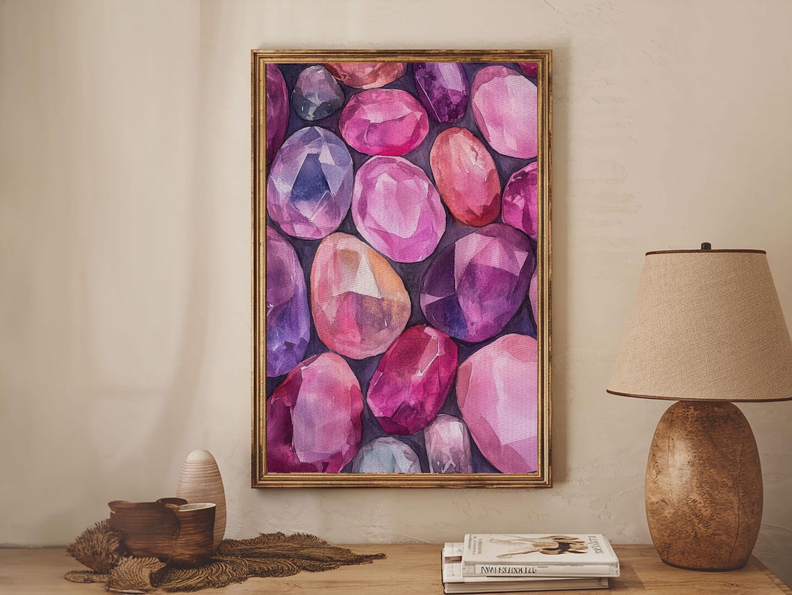 Vibrant Pink Gemstone Faceted Crystal Watercolor Art Wall Poster - Image 2