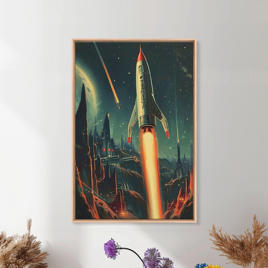 Retro Rocketship Launch Poster Vintage Space Propaganda Alien City Art - Image 2