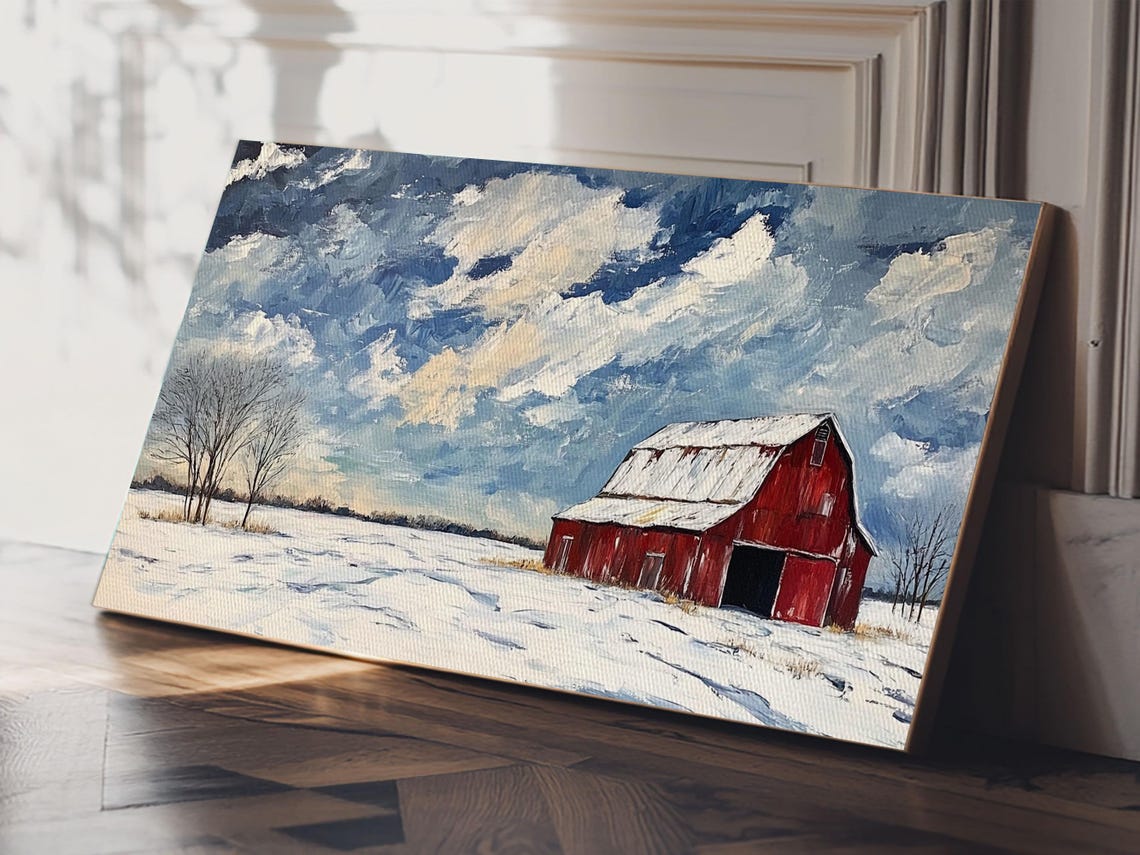 Red Barn Snowy Winter Field Dramatic Blue Sky Panoramic Art Print - Image 2
