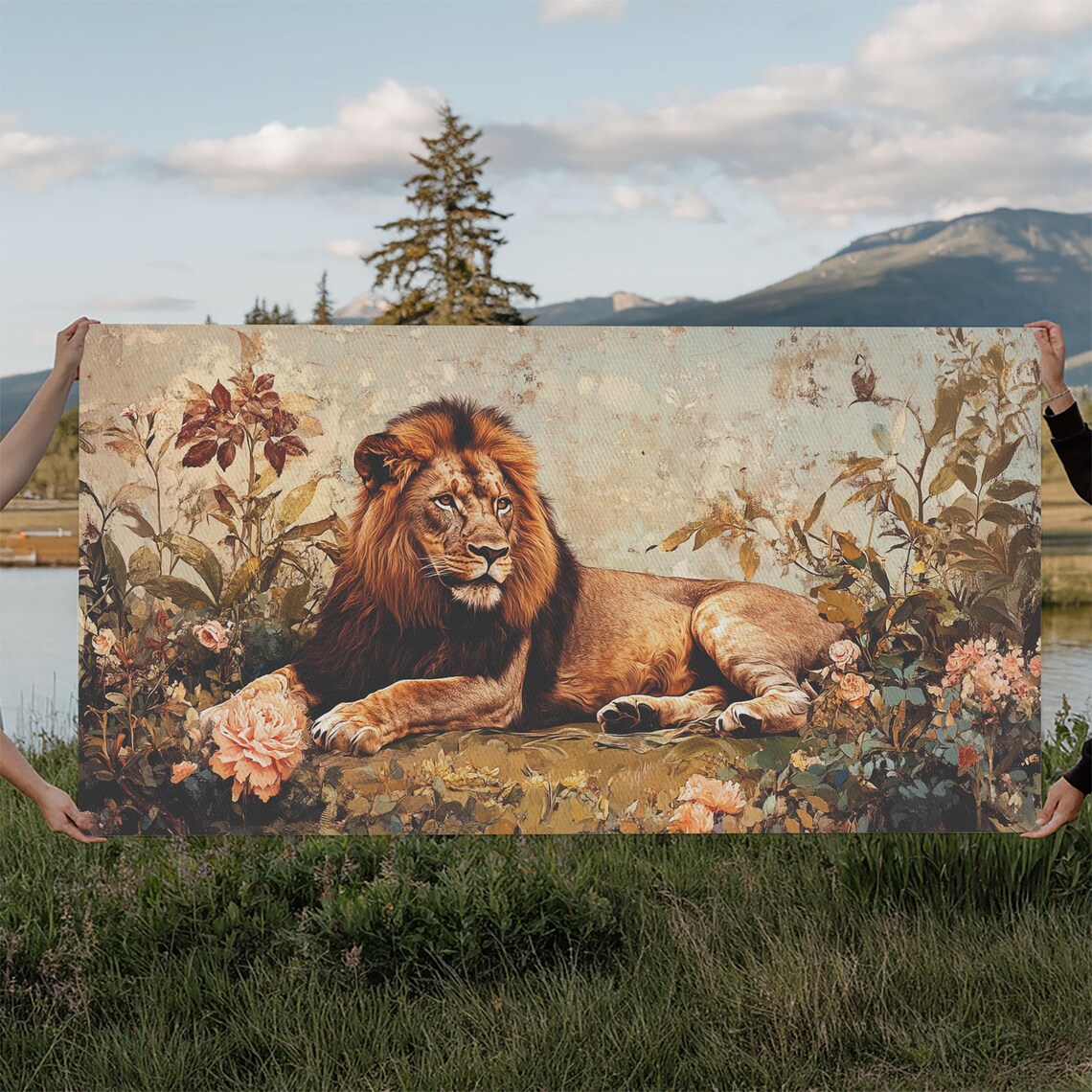 Regal Lion Reclining In Wildflowers Vintage Safari Wildlife Wall Art Print - Image 3