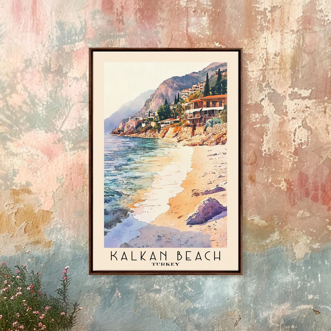 Kalkan Beach Turkey Cliffside Old Town Golden Beach Watercolor Wall Poster - Image 4