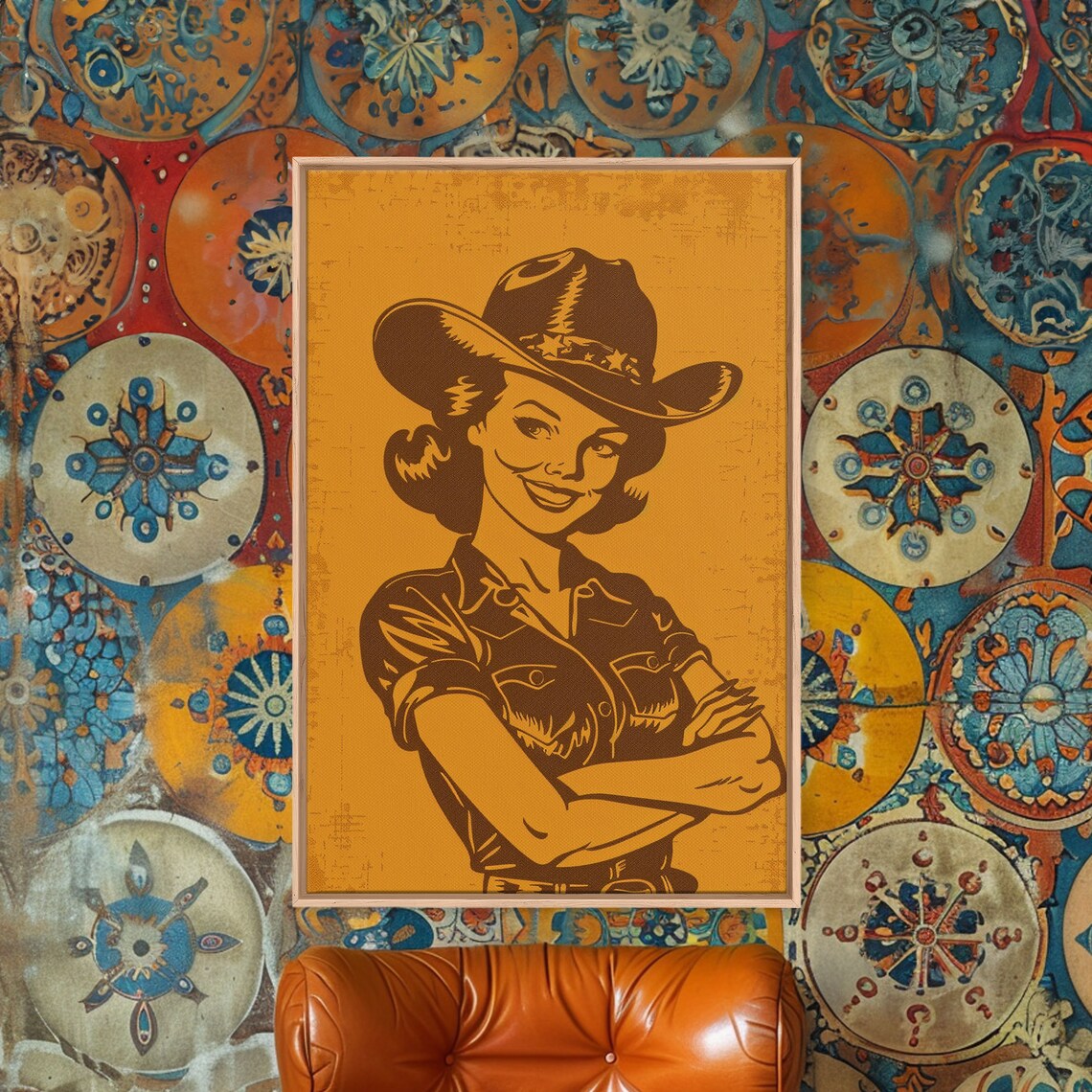 Retro Cowgirl Illustration In Mustard Yellow Vintage Style Poster - Image 3