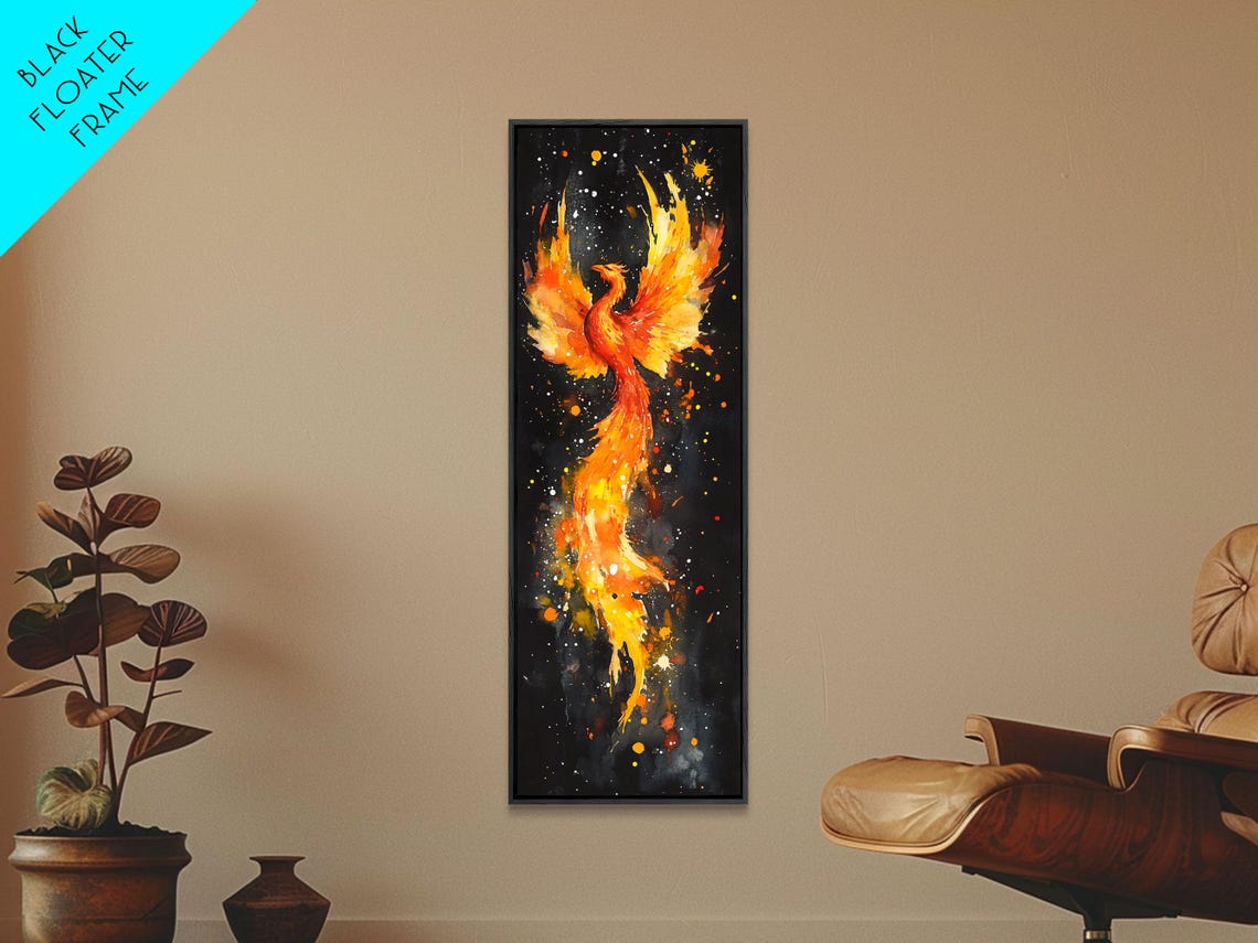 Fiery Phoenix Rising Starry Night Cosmic Bird Vertical Wall Art - Image 4