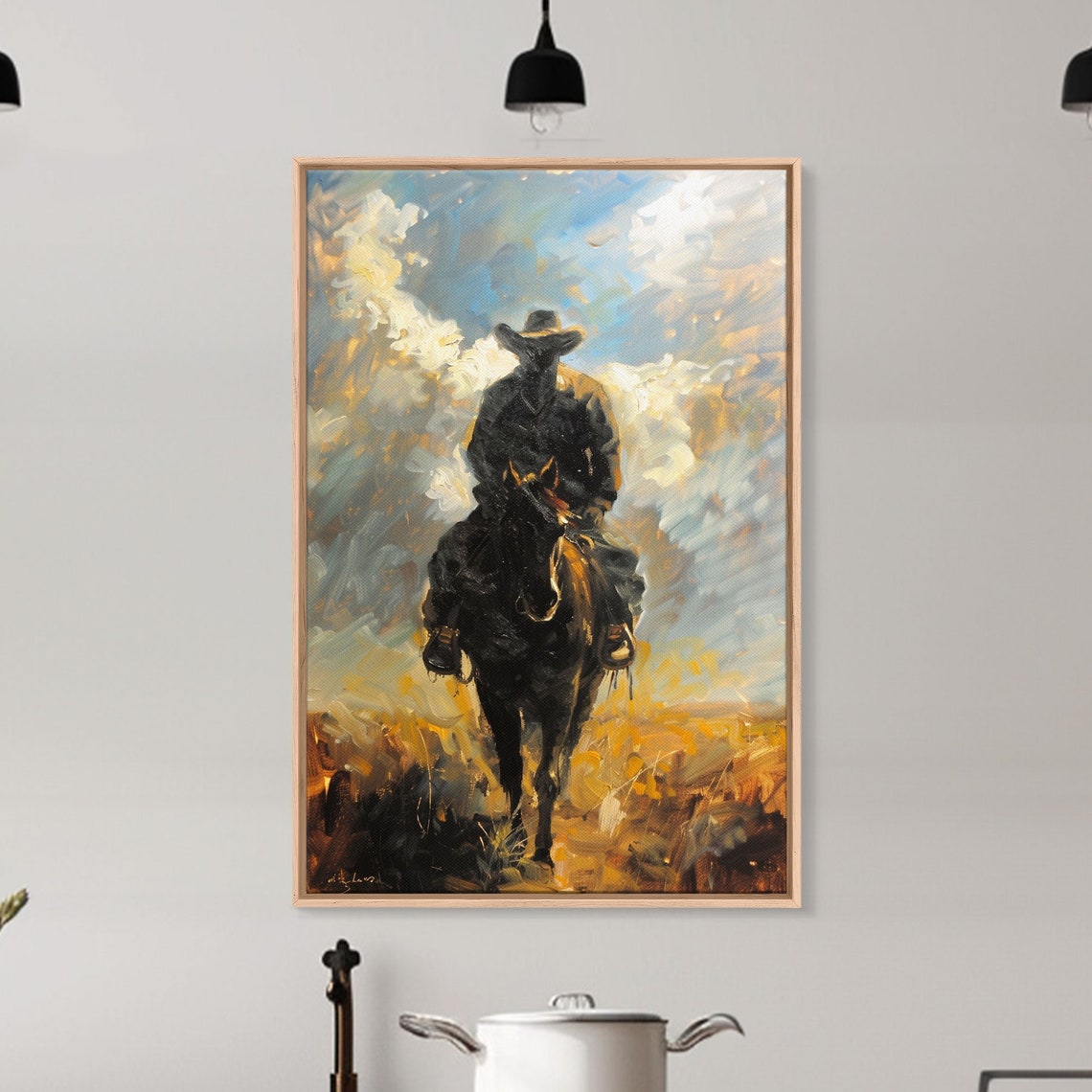 Silhouette Cowboy On Horseback At Dusk Golden Prairie Oil Poster