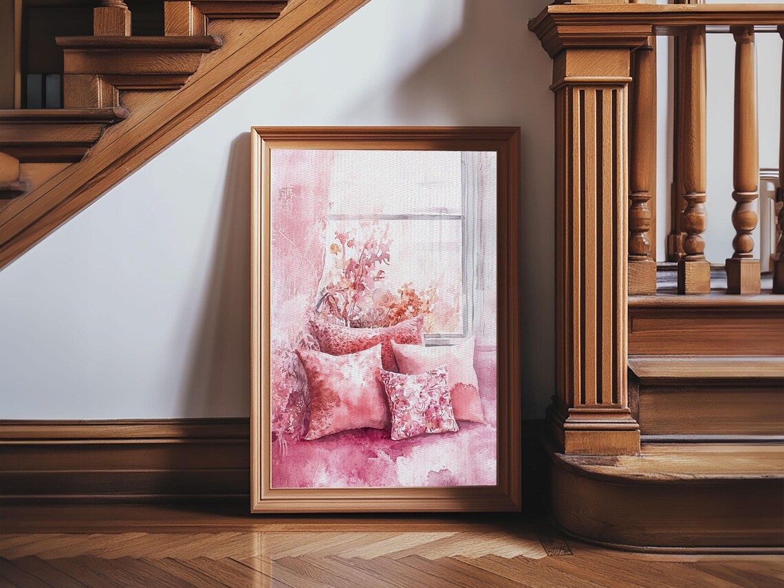 Cozy Pink Window Seat With Floral Pillows Watercolor Wall Art Print - Image 2