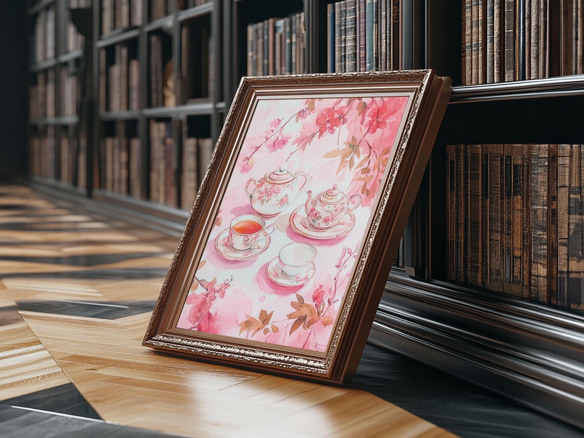 Pink Floral Tea Set With Cherry Blossoms Watercolor Wall Art Print - Image 3