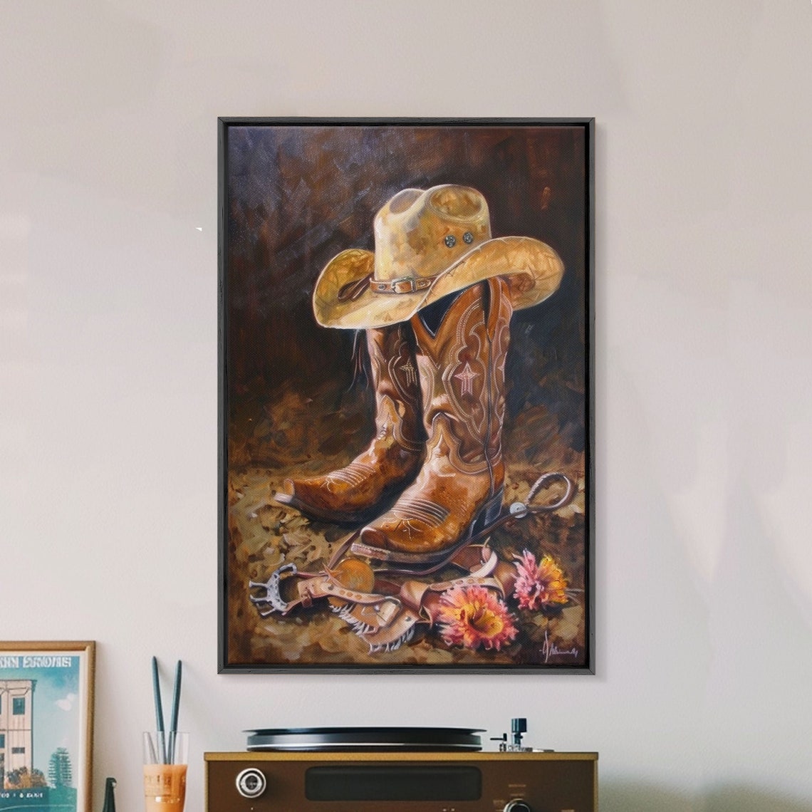 Classic Cowboy Hat And Boots Art Framed Print Rustic Bedroom Decor Cowboy Themed Wall Art For Home Western Artwork - Image 2