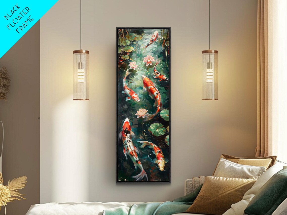 Mystic Forest Pond Koi Fish Boho Farmhouse Wall Art Framed Print Tall Art Japanese Style Art - Image 2