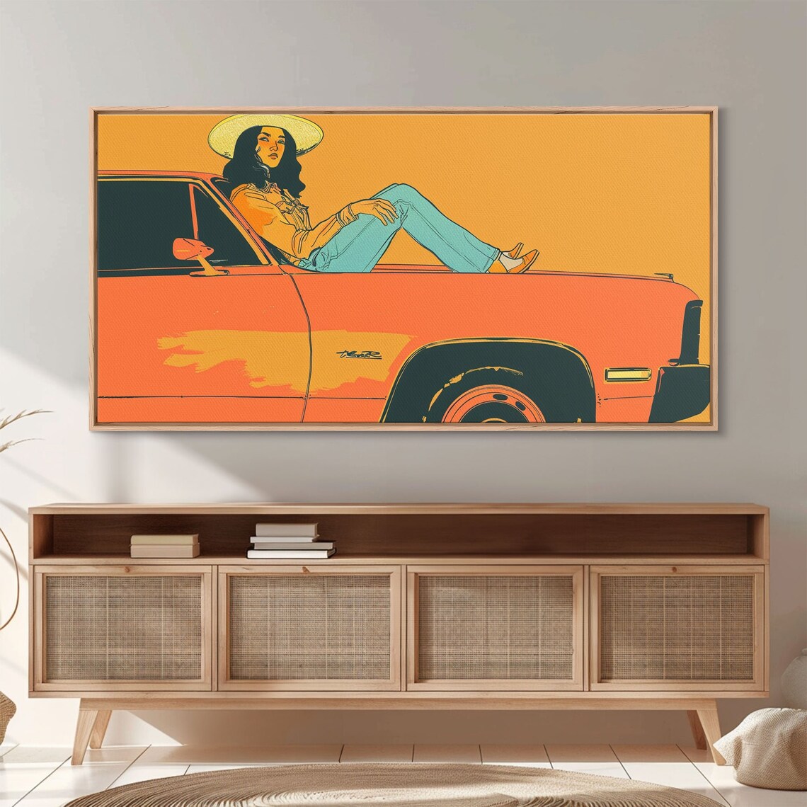 Retro Cowgirl Sitting On Orange Classic Car Hood Pop Art Poster - Image 2