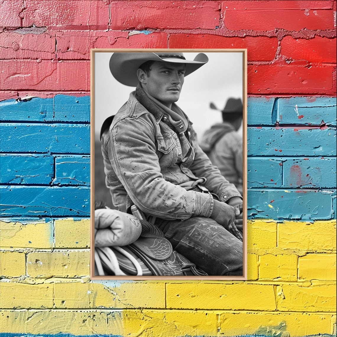 Young Cowboy Denim Jacket Black and White Western Portrait Art Poster - Image 3