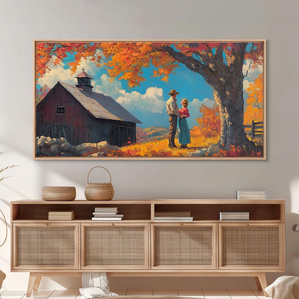 Western Couple Embracing By A Red Barn In Bright Autumn Art Print - Image 5