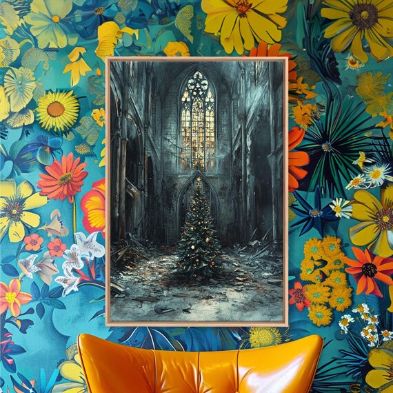Moody Landscape Gothic Cathedral Christmas Tree Framed Print Christian Christmas Art Gift Rustic Holiday Wall Art Home Decor