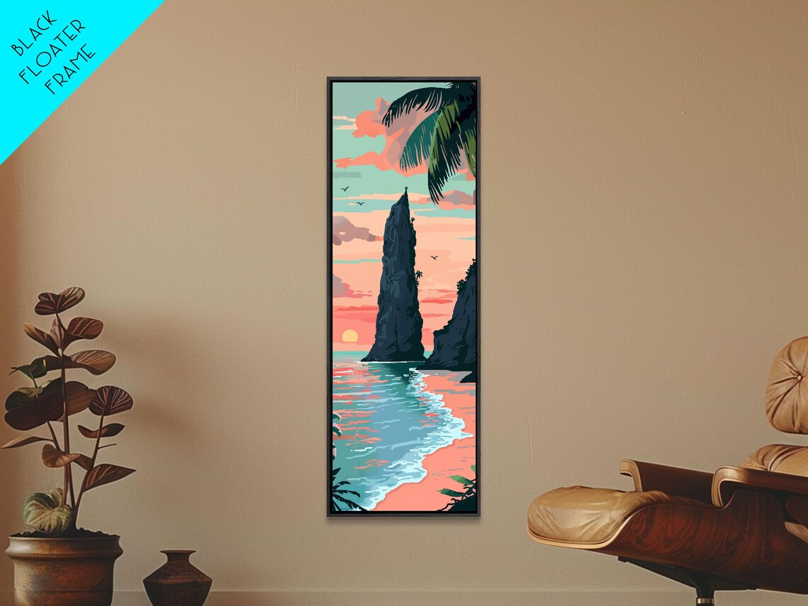 Towering Coastal Rock At Sunset With Palm Trees Tropical Travel Poster - Image 3