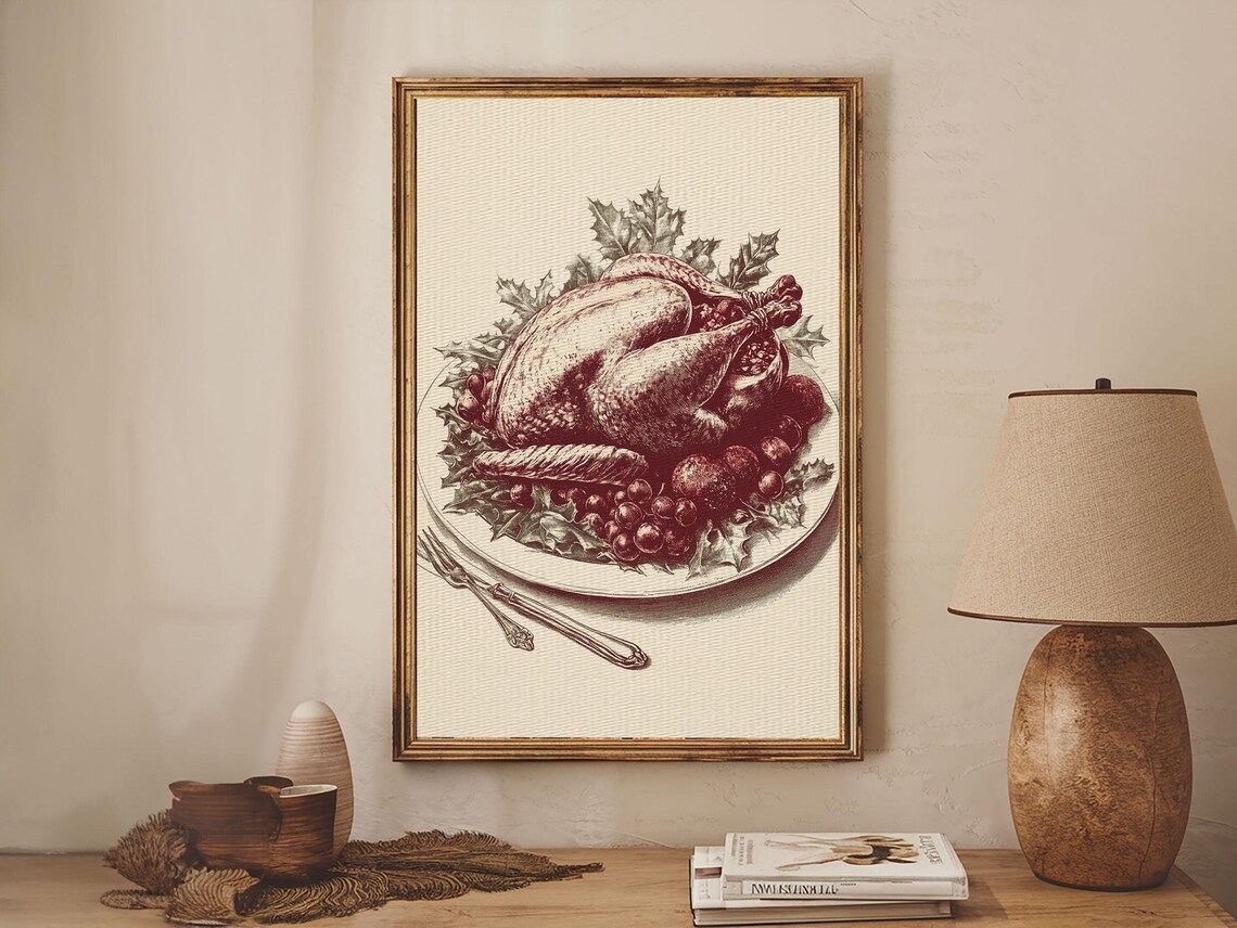 Roasted Turkey Burgundy Engraving Vintage Christmas Dinner Art Poster - Image 6
