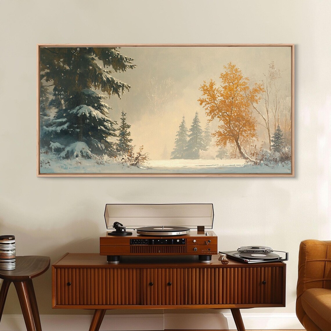 Misty Winter Forest With Snow Covered Pines And Golden Tree Poster - Image 4