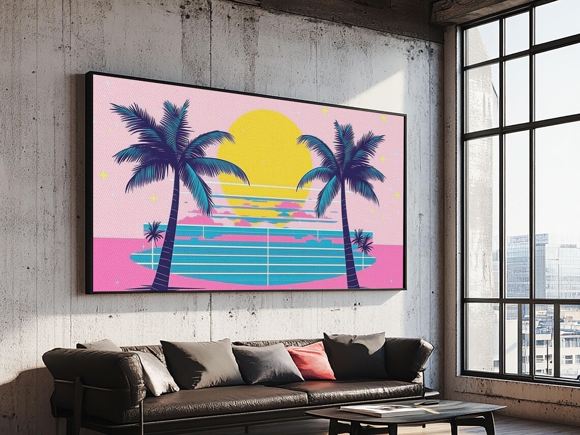 Retro Synthwave Outrun Art Print, Palm Trees Sunset